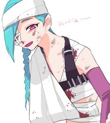 Rule 34 | 1girl, bandage over one eye, bandaged arm, bandaged head, bandages, blood, braid, bruise, bruise on face, collarbone, detached sleeves, green hair, highres, hiyari (hiyarilol), injury, jinx (league of legends), league of legends, long hair, looking at viewer, open mouth, pink eyes, pink sleeves, simple background, solo, translation request, twin braids, upper body, white background