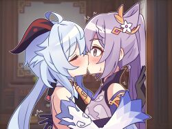 Rule 34 | 2girls, ahoge, bell, black gloves, blue hair, blurry, blurry background, blush, closed eyes, commentary request, cone hair bun, detached sleeves, ganyu (genshin impact), genshin impact, gloves, hair bun, highres, horns, indoors, kabedon, keqing (genshin impact), kiss, long hair, multiple girls, neck bell, purple eyes, purple hair, surprise kiss, surprised, sweatdrop, wu qin (gyxx 04), yuri