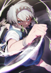 Rule 34 | 1girl, absurdres, blue dress, blue eyes, bow, braid, clenched teeth, commentary request, dress, electricity, feet out of frame, green bow, green ribbon, grey hair, hair bow, highres, holding, holding knife, izayoi sakuya, knife, looking to the side, maid, maid headdress, medium bangs, motion blur, neck ribbon, ribbon, running, short hair, short sleeves, solo, sotatsudraw, teeth, touhou, twin braids, v-shaped eyebrows, wristband