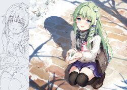 Rule 34 | 1girl, blue eyes, blush, briefcase, day, fingernails, frog hair ornament, full body, green eyes, hair ornament, hair tubes, highres, holding, kochiya sanae, loafers, long hair, long sleeves, looking at viewer, miyase mahiro, multiple views, non-web source, open mouth, outdoors, pleated skirt, scarf, school briefcase, school uniform, shadow, shiny skin, shoes, skirt, smile, snake, snow, snow rabbit, squatting, thighhighs, thighs, touhou, winter clothes