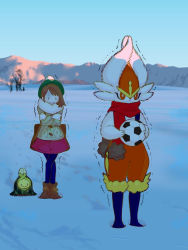 Rule 34 | 1girl, :&gt;, american football (object), backpack, bag, ball, bare tree, blue pantyhose, boots, brown bag, brown footwear, brown hair, budew, buttons, cardigan, cinderace, closed mouth, cold, commentary request, creatures (company), day, dress, game freak, gen 4 pokemon, gen 8 pokemon, gloria (pokemon), grey cardigan, hat, holding, imitating, inoshikachou, nintendo, outdoors, pantyhose, pink dress, pokemon, pokemon (creature), pokemon swsh, sky, snow, soccer ball, swept bangs, tam o&#039; shanter, tree, trembling