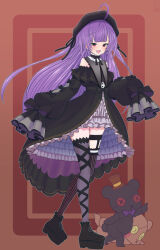 Rule 34 | 1girl, ahoge, asymmetrical legwear, beret, black bow, black bowtie, black dress, black footwear, black hat, black ribbon, blunt bangs, blush, boots, bow, bowtie, brown background, brown hat, collar, commentary request, cowlick, dress, fang, frilled dress, frills, full body, grey collar, grey thighhighs, hat, highres, k waremono, leg ribbon, long hair, looking at viewer, medium bangs, mismatched legwear, nanashi inc., off-shoulder dress, off shoulder, official alternate costume, open mouth, petticoat, purple hair, red background, red eyes, ribbon, shisui kiki, shisui kiki (2nd costume), sleeves past fingers, sleeves past wrists, smile, solo, striped clothes, striped thighhighs, stuffed animal, stuffed toy, teddy bear, thighhighs, top hat, vertical-striped clothes, vertical-striped thighhighs, very long hair, virtual youtuber, walking