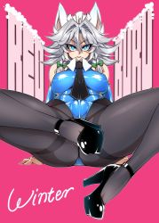 Rule 34 | 1girl, bare shoulders, blue eyes, blush, braid, breasts, cameltoe, commentary request, covered erect nipples, detached collar, elbow gloves, english text, gloves, hair ribbon, high heels, izayoi sakuya, large breasts, leotard, lips, maid headdress, necktie, pantyhose, parted lips, pink background, ribbon, shiny clothes, short hair, silver hair, simple background, skin tight, smile, solo, spread legs, tajima yuuki, teeth, text focus, thighband pantyhose, touhou