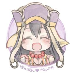 Rule 34 | 1girl, black hair, bridal gauntlets, chibi, closed eyes, fate/grand order, fate (series), fist pump, happy, hat, long hair, lowres, solo, xuangzang sanzang (fate)