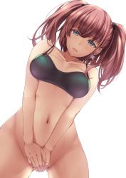 Rule 34 | 1girl, alternate costume, atlanta (kancolle), breasts, brown hair, covering crotch, covering privates, earrings, grey eyes, hair ornament, highres, jewelry, kantai collection, kuurunaitsu, large breasts, long hair, looking at viewer, looking down, navel, no panties, open mouth, simple background, solo, sports bra, star (symbol), star earrings, stomach, two side up, white background