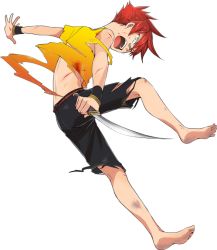 Rule 34 | 10s, 1boy, aizen kunitoshi, bandaid, bandaid on face, bandaid on nose, barefoot, full body, injury, male focus, official art, open mouth, red hair, sako misaki, short hair, short sword, solo, sword, tantou, torn clothes, touken ranbu, transparent background, weapon