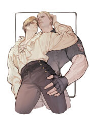 Rule 34 | 2boys, absurdres, bara, belt, black belt, black gloves, black pants, black shirt, blonde hair, brown hair, closed mouth, couple, fingerless gloves, frilled shirt, frills, gloves, grey pants, highres, jack krauser, leon s. kennedy, looking at another, male focus, multiple boys, muscular, muscular male, official alternate costume, pants, resident evil, resident evil 4, resident evil 4 (remake), scar, scar across eye, scar on face, scar on mouth, shirt, short hair, vetania, white shirt, yaoi