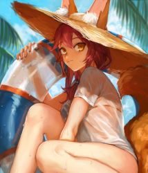 Rule 34 | 10s, 1girl, animal ears, bare legs, between legs, bikini, blue bikini, blue sky, blush, bra, breasts, closed mouth, cloud, day, ears through headwear, fate/extra, fate/grand order, fate (series), fox ears, fox tail, from side, hair over shoulder, hair tie, hand between legs, hat, highres, innertube, knee up, long hair, looking at viewer, looking to the side, low ponytail, medium breasts, niru (17185924), palm tree, pink hair, scrunchie, see-through, shirt, short sleeves, sitting, sky, solo, straw hat, summer, swim ring, swimsuit, tail, tamamo (fate), tamamo no mae (fate/extra), tamamo no mae (swimsuit lancer) (fate), tamamo no mae (swimsuit lancer) (second ascension) (fate), transparent, tree, underwear, wet, wet clothes, wet shirt, wrist scrunchie, yellow eyes