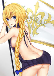 Rule 34 | 1girl, ahoge, ass, backless dress, backless outfit, bare back, bare shoulders, blonde hair, blue eyes, blue ribbon, blue sweater, blush, braid, braided ponytail, breasts, butt crack, cowboy shot, dimples of venus, drawstring, dress, fate/apocrypha, fate (series), flag, from behind, hair between eyes, hair ribbon, halterneck, highres, holding, holding flag, jeanne d&#039;arc (fate), jeanne d&#039;arc (ruler) (fate), large breasts, long hair, looking at viewer, looking back, meme attire, naked sweater, open mouth, ribbed sweater, ribbon, sideboob, single braid, solo, sweater, sweater dress, tress ribbon, turtleneck, turtleneck sweater, virgin killer sweater, youque