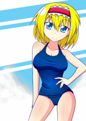 Rule 34 | 1girl, alice margatroid, blonde hair, blue eyes, breasts, cleavage, female focus, hairband, hamiyun, highres, large breasts, one-piece swimsuit, school swimsuit, short hair, smile, solo, swimsuit, touhou