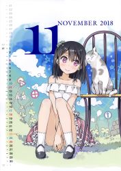 Rule 34 | 1girl, 2018, absurdres, arms between legs, bare arms, bare shoulders, black footwear, black hair, blush, calendar, calendar (medium), cat, chair, child, cloud, clover, convenient arm, dot nose, facing viewer, flower, four-leaf clover, frilled shirt, frilled skirt, frills, full body, happy, heads together, highres, huge filesize, japanese stop sign, kantoku, knees up, leaning to the side, mary janes, no entry sign, non-web source, november, off-shoulder shirt, off shoulder, on floor, original, outdoors, pink eyes, plaid, plaid skirt, road closed sign, road closed to all sign, road sign, running bond, shirt, shizuku (kantoku), shoes, sign, skirt, sky, smile, socks, solo, star (symbol), stone wall, wall, white shirt, white socks