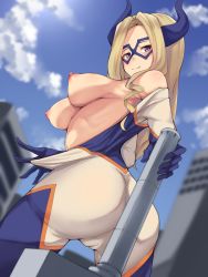 Rule 34 | 1girl, ass, black mutou, blonde hair, blush, bodysuit, boku no hero academia, breasts, breasts out, cameltoe, domino mask, fake horns, giant, giantess, huge ass, large breasts, long hair, looking at viewer, mask, mount lady, nipples, purple eyes, sky, smile, solo, mount lady