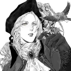 1girl ascot bird black_gloves bloodborne brooch gloves hat hat_feather high_collar highres jewelry lady_maria_of_the_astral_clocktower long_hair monochrome p_iupiu parted_lips ponytail solo tricorne white_background