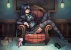 Rule 34 | 10s, 1girl, blue eyes, blue hair, box, chair, couch, dominic, full body, gift, gift box, gothic lolita, honekoneko, lolita fashion, long hair, matching hair/eyes, panty &amp; stocking with garterbelt, patterned upholstery, picture frame, red upholstery, sitting, solo, stocking (psg), striped clothes, striped thighhighs, striped upholstery, stuffed toy, thighhighs