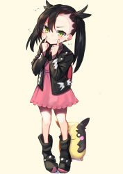 Rule 34 | :&gt;, absurdres, asymmetrical bangs, backpack, bag, black choker, black footwear, black hair, black jacket, blush, boots, child, choker, closed mouth, creatures (company), dress, fingers to mouth, fingersmile, flying sweatdrops, full body, game freak, gen 8 pokemon, green eyes, highres, jacket, knee boots, long hair, long sleeves, marnie (pokemon), morpeko, morpeko (full), moti yousei, nintendo, open clothes, open jacket, pink dress, pokemon, pokemon (creature), pokemon swsh, simple background, smile, standing, twintails, v-shaped eyebrows, yellow background