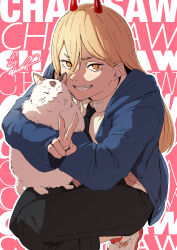 Rule 34 | 1girl, animal, text background, black necktie, black pants, blonde hair, blue jacket, cat, chainsaw man, collared shirt, commentary, cross-shaped pupils, demon horns, grin, hair between eyes, highres, holding, holding animal, holding cat, horns, jacket, light blush, long bangs, long hair, long sleeves, looking at viewer, meowy (chainsaw man), necktie, open clothes, open jacket, open mouth, pants, pants rolled up, power (chainsaw man), red horns, sawasa, sharp teeth, shirt, shoes, signature, sitting, smile, sneakers, solo, symbol-shaped pupils, teeth, v, white cat, white footwear, white shirt, yellow eyes