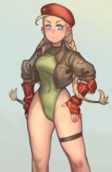 Rule 34 | 1girl, ahoge, bare legs, beret, blonde hair, blue eyes, bomber jacket, braid, breasts, brown jacket, cammy white, covered navel, elbow pads, eyebrow cut, fingerless gloves, gloves, green leotard, hands on own hips, hat, highleg, highleg leotard, highres, jacket, kelvin hiu, leather, leather jacket, leotard, long braid, long hair, medium breasts, mismatched eyebrows, open clothes, open jacket, red gloves, red hat, scar, single elbow pad, solo, standing, street fighter, thigh strap, twin braids