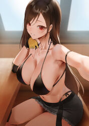 Rule 34 | 1girl, absurdres, bikini, bikini under clothes, black bikini, breasts, brown hair, collarbone, elbow rest, final fantasy, final fantasy vii, final fantasy vii ever crisis, fingerless gloves, gloves, grin, highres, large breasts, long hair, looking at viewer, miniskirt, navel, official alternate costume, outstretched arm, panty straps, red eyes, rororo, selfie, sitting, skirt, smile, solo, stomach, strap gap, swimsuit, table, thighs, tifa lockhart, tifa lockhart (lifeguard), very long hair