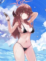 Rule 34 | 1girl, absurdres, aru (blue archive), beach, blue archive, blush, breasts, brown horns, cleavage, closed mouth, cowboy shot, day, demon horns, gluteal fold, groin, halo, highres, holding, holding water gun, horns, lir (cuhc3357), long hair, medium breasts, navel, ocean, outdoors, pink hair, pink halo, solo, water gun, wet, yellow eyes