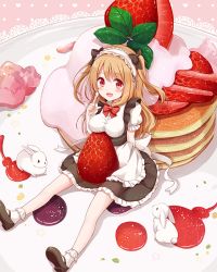 Rule 34 | 1girl, blush, breasts, brown hair, rabbit, food, fruit, long hair, looking at viewer, mary janes, open mouth, original, pancake, shoes, sitting, skirt, snowmi, solo, strawberry