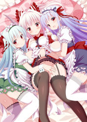 Rule 34 | 2girls, :d, alternate costume, ass, bed sheet, black legwear, blue hair, blush, breasts, closed mouth, dual persona, enmaided, ex-keine, frills, fujiwara no mokou, garter straps, girl sandwich, givuchoko, horn ornament, horn ribbon, horns, kamishirasawa keine, lace, large breasts, long hair, looking at viewer, lying, maid, medium breasts, multiple girls, navel, no panties, on back, open mouth, red eyes, ribbon, sandwiched, shiny skin, smile, thighhighs, touhou, white hair, white legwear