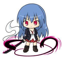 Rule 34 | 1girl, aura, black jacket, black socks, blazer, blue hair, boots, brown footwear, chibi, closed mouth, collared shirt, commentary request, cross-laced footwear, dark aura, full body, hair between eyes, holding, holding sword, holding weapon, jacket, knee boots, kneehighs, lace-up boots, long hair, long sleeves, looking at viewer, open clothes, open jacket, original, plaid, plaid skirt, pleated skirt, red eyes, red skirt, ri-net, shirt, simple background, skirt, socks, solo, standing, sword, torn clothes, torn jacket, torn shirt, torn skirt, v-shaped eyebrows, very long hair, weapon, white background, white shirt