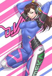 Rule 34 | 1girl, arms up, breasts, brown eyes, brown hair, character name, d.va (overwatch), facial mark, leg lift, long hair, looking at viewer, medium breasts, naughty face, overwatch, overwatch 1, smile, smirk, solo, taka-michi, thighs, whisker markings