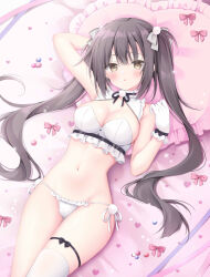 Rule 34 | 1girl, :o, absurdres, arm behind head, arm up, bare shoulders, bed sheet, bikini, black hair, blush, bow, breasts, brown eyes, cleavage, commentary request, frilled gloves, frilled panties, frilled pillow, frills, gloves, grey bow, groin, hair between eyes, hair bow, hand up, heart, heart-shaped pillow, highres, korie riko, long hair, looking at viewer, lying, medium breasts, navel, on back, original, panties, parted lips, pillow, side-tie panties, solo, swimsuit, twintails, underwear, very long hair, white bikini, white gloves, white panties