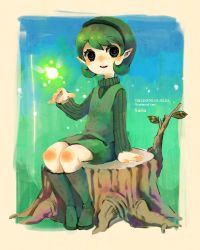 Rule 34 | 1girl, bad id, bad pixiv id, blue eyes, boots, character name, copyright name, fairy, full body, fuwata, green footwear, green hair, hairband, nintendo, pointy ears, saria (zelda), short hair, sitting, smile, solo, the legend of zelda, the legend of zelda: ocarina of time