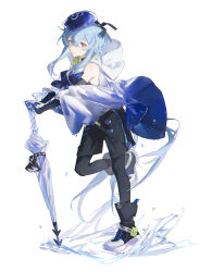 Rule 34 | 1boy, :p, absurdres, androgynous, aqua-, arknights, bare shoulders, black pantyhose, black shorts, blue hair, blue hat, commentary, crossed bangs, elbow gloves, full body, gloves, green neckerchief, hair between eyes, hat, highres, leg up, long hair, looking at viewer, male focus, mizuki (arknights), neckerchief, own hands together, pantyhose, pantyhose under shorts, planted, planted umbrella, red eyes, shoes, shorts, simple background, sneakers, standing, standing on one leg, tongue, tongue out, umbrella, water, white background