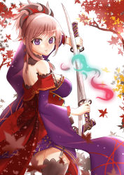 Rule 34 | 1girl, absurdres, asymmetrical hair, autumn leaves, bad id, bad pixiv id, black thighhighs, blue eyes, blue kimono, detached sleeves, dual wielding, earrings, fate/grand order, fate (series), hair ornament, highres, holding, holding sword, holding weapon, japanese clothes, jewelry, katana, kimono, leaf print, looking at viewer, magatama, maple leaf print, mariial, miyamoto musashi (fate), miyamoto musashi (third ascension) (fate), obi, pink hair, ponytail, sash, sheath, short kimono, sleeveless, sleeveless kimono, solo, sword, thighhighs, unsheathed, weapon, wide sleeves