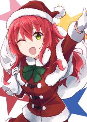 Rule 34 | 1girl, arm up, blush, bocchi the rock!, bow, capelet, christmas, coat, fur-trimmed capelet, fur-trimmed headwear, fur trim, gift bag, gloves, green bow, green eyes, hair between eyes, hat, highres, holding, kita ikuyo, long hair, looking at viewer, minosu, one eye closed, one side up, open mouth, red capelet, red coat, red hair, sack, santa costume, santa hat, smile, solo