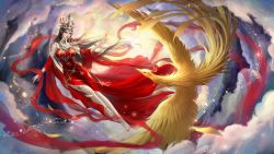 Rule 34 | 1girl, absurdres, bare legs, bird, black hair, cai lin (doupo cangqiong), cloud, doupo cangqiong, dress, facial mark, falling feathers, feathers, floating, forehead mark, full body, hair ornament, highres, jewelry, long hair, nail polish, phoenix, red dress, red eyes, red nails, second-party source, swirling, thighlet, xiaoxuan chuang wxc