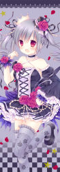 Rule 34 | 10s, 1girl, :d, bad id, bad pixiv id, black hat, black ribbon, breasts, choker, collarbone, crown, dress, floating hair, flower, frilled thighhighs, frills, grey thighhighs, hair between eyes, hair flower, hair ornament, hair ribbon, hand on own hip, hat, idolmaster, idolmaster cinderella girls, kanzaki ranko, leg up, long hair, looking at viewer, medium breasts, mini crown, mini hat, mizuse ruka, open mouth, red eyes, red flower, ribbon, short dress, silver hair, sleeveless, sleeveless dress, smile, solo, standing, standing on one leg, thighhighs, twintails, zettai ryouiki