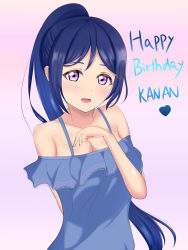 Rule 34 | 1girl, arm behind back, artist name, artist request, bare shoulders, blue dress, blue hair, blush, bracelet, breasts, cleavage, collarbone, dress, female focus, floating hair, hair between eyes, hair ornament, heart (symbol), high ponytail, highres, jewelry, long hair, looking at viewer, love live!, love live! school idol festival, love live! sunshine!!, matsuura kanan, medium breasts, parted lips, ponytail, purple eyes, smile, solo, upper body, wavy hair
