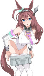 Rule 34 | 1girl, ahoge, animal ears, bare shoulders, blue eyes, blush, breasts, brown hair, collar, commentary request, detached sleeves, ear ornament, feet out of frame, grey skirt, hair between eyes, hair ornament, hairclip, harukazetabiji, highleg, highleg leotard, highres, horse ears, horse girl, horse tail, large breasts, leotard, long hair, long sleeves, looking at viewer, mihono bourbon (umamusume), necktie, open mouth, pink necktie, silver hairband, skirt, solo, tail, thighhighs, umamusume, undressing, white background, white leotard, white thighhighs