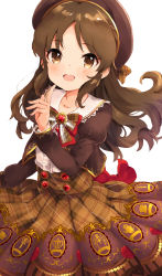 Rule 34 | 1girl, :d, beret, blush, bow, brooch, brown bow, brown eyes, brown hair, brown hat, brown shirt, brown skirt, collarbone, collared shirt, commentary request, dress, fingernails, frilled shirt, frills, hat, highres, idolmaster, idolmaster cinderella girls, index finger raised, jewelry, juliet sleeves, lace-trimmed collar, lace trim, long hair, long sleeves, looking at viewer, open mouth, plaid, plaid bow, plaid skirt, print dress, puffy sleeves, red bow, shirt, simple background, skirt, skirt hold, smile, solo, tachibana arisu, tareme, tetsujin momoko, very long hair, white background, white shirt