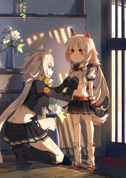 Rule 34 | &gt;:&lt;, 2girls, :&lt;, absurdres, adjusting bow, animal ears, azur lane, backpack, bag, black skirt, blush, bow, braid, butt crack, closed mouth, clothes writing, crop top, cropped jacket, dimples of venus, fingerless gloves, flower, forte, full body, gloves, height difference, highres, indoors, kneehighs, long hair, long sleeves, looking at another, maya (azur lane), midriff, miniskirt, multiple girls, navel, on one knee, open mouth, pleated skirt, red eyes, scarf, school uniform, short eyebrows, short sleeves, single braid, skirt, socks, standing, tail, talking, v-shaped eyebrows, vase, very long hair, white hair, white scarf, wolf ears, wolf tail, yellow eyes, yuudachi (azur lane)