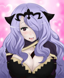 Rule 34 | 1girl, absurdres, blush, breasts, camilla (fire emblem), cleavage, fire emblem, fire emblem fates, gradient background, hair over one eye, heart, heart-shaped pupils, highres, large breasts, long hair, looking at viewer, nintendo, open mouth, pink eyes, purple hair, smile, solo, symbol-shaped pupils, upper body