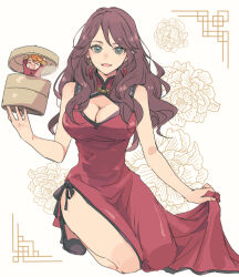 Rule 34 | 1boy, 1girl, black trim, border, breasts, brown hair, cleavage, commentary request, dorothea arnault, dress, earrings, ferdinand von aegir, fire emblem, fire emblem: three houses, green eyes, high heels, inset border, jewelry, large breasts, long hair, mini person, miniboy, nintendo, open mouth, ornate border, red dress, side slit, simple background, smile, solo focus, tassel, tassel earrings, tenjin (ahan), white background