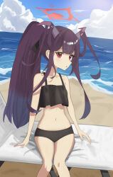 Rule 34 | 1girl, absurdres, alternate costume, alternate hairstyle, bare arms, bare legs, beach, bikini, blue archive, dyumidyumi05210521, frilled bikini top, fuuka (blue archive), halo, highres, horns, long hair, looking at viewer, parted lips, ponytail, purple hair, red eyes, sky, solo, swimsuit, very long hair, water