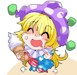 Rule 34 | 1girl, american flag dress, american flag legwear, blonde hair, closed eyes, clownpiece, food, hat, ice cream, ice cream cone, jester cap, long hair, open mouth, pantyhose, shinapuu, smile, soft serve, solo, star (symbol), striped, touhou, very long hair