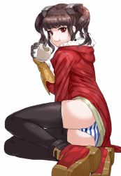 Rule 34 | 1girl, ass, black hair, black thighhighs, boots, eating, food, full mouth, gauntlets, hood, hooded jacket, jacket, kfr, looking at viewer, lying, on side, panties, pantyshot, red eyes, simple background, sitting, solo, striped clothes, striped panties, thighhighs, twintails, underwear, white background