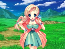 Rule 34 | 1girl, bianca (dq5), blonde hair, blush, braid, breasts, cape, cleavage, dragon quest, dragon quest v, earrings, hair over shoulder, jewelry, large breasts, long hair, non-web source, screencap, single braid, slime (creature), slime (dragon quest), solo, wallpaper