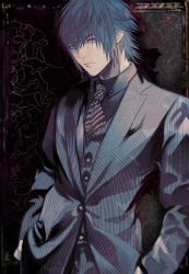 Rule 34 | 1boy, alternate costume, blue hair, buttons, final fantasy, final fantasy xv, formal, hair between eyes, hands in pockets, jacket, kouen (10chio), looking at viewer, male focus, necktie, noctis lucis caelum, pinstripe jacket, pinstripe pattern, pinstripe shirt, pinstripe suit, shirt, short hair, simple background, solo, striped, suit, upper body