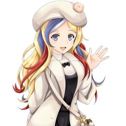 Rule 34 | 1girl, bag, beret, blonde hair, blue hair, blush, breasts, coat, commandant teste (kancolle), french flag, french text, hat, highres, kantai collection, large breasts, long hair, looking at viewer, multicolored hair, open mouth, pom pom (clothes), red hair, simple background, solo, streaked hair, tk8d32, wavy hair, white background, white coat, white hair