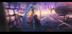 Rule 34 | 1girl, absurdres, aircraft, ajahweea, black dress, black jacket, blue eyes, blue hair, blurry, blurry foreground, breasts, chain-link fence, cityscape, depth of field, dress, fence, grey footwear, hair between eyes, hatsune miku, helicopter, highres, jacket, knees up, letterboxed, long hair, long sleeves, looking at another, looking at viewer, medium breasts, open clothes, open jacket, outdoors, parted lips, see-through, see-through sleeves, shoes, sitting, solo, tennis court, tennis net, twintails, very long hair, vocaloid, wide sleeves