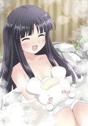 Rule 34 | 1girl, :3, ^ ^, black hair, blush, blush stickers, closed eyes, collarbone, commentary request, highres, houraisan kaguya, inaba mob (touhou), knees up, long hair, nude, onsen, open mouth, partially submerged, rabbit, rock, sidelocks, sitting, smile, solo, steam, touhou, towel, towel on head, usagi koushaku, water, wide oval eyes