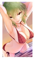 Rule 34 | 1girl, absurdres, armpits, arms behind head, bikini, breasts, cleavage, collarbone, commentary request, earrings, flower earrings, green hair, hair between eyes, highres, itocoh, jewelry, kazami yuuka, large breasts, navel, orange eyes, partially submerged, plaid, plaid bikini, red bikini, short hair, side-tie bikini bottom, solo, standing, stomach, string bikini, swimsuit, thighs, tongue, tongue out, touhou, water, wet
