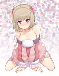 Rule 34 | 1girl, all fours, ar tonelico, ar tonelico iii, bare shoulders, blonde hair, blush, braid, breasts, cleavage, female focus, full body, gradient background, gust, hair ornament, kamoto tatsuya, kneeling, large breasts, purple eyes, saki (ar tonelico), short hair, smile, solo, twin braids
